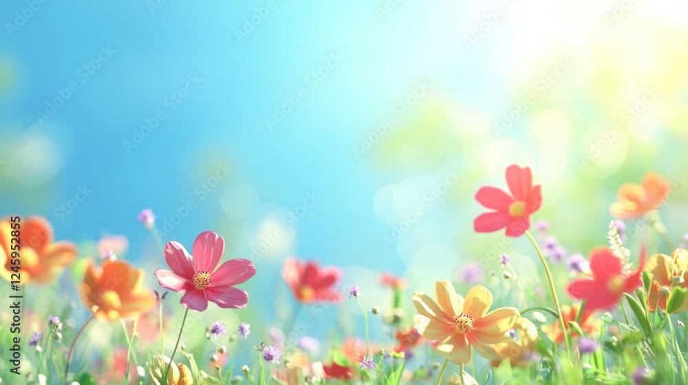 Poster vibrant wildflowers in a sunny meadow with blurred background and ample empty space for text or mess