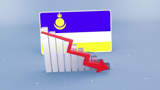 Buryatia country flag and bar chart graph showing decreasing values a red arrow economic crisis concept. Flag of Buryatia