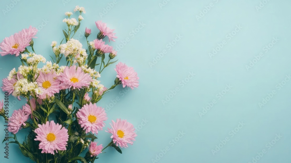 Poster blooming aster flowers bouquet on blue background with ample empty space for text and design element