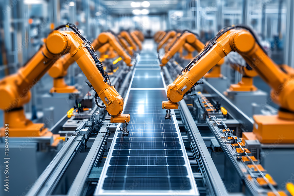 Poster futuristic solar panel factory: advanced robotics automate high-tech assembly line production. clean