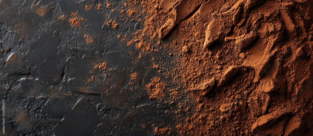 Poster close up of rich black cocoa powder showcasing unique texture on a dark background with ample space 