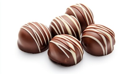 Elegant arrangement of chocolate truffles with white drizzle on a pristine background highlighting their rich texture and flavor.
