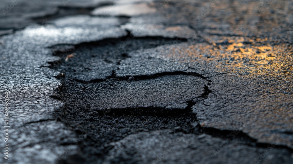 Aufkleber close up of cracked recycled asphalt on gray surface with blank space for text and visual elements