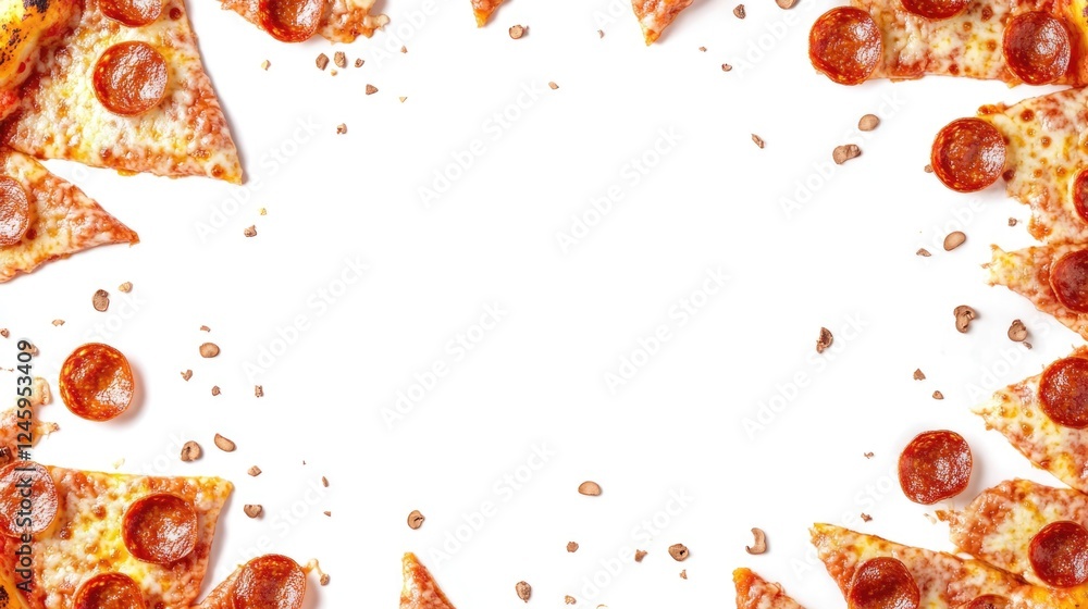 Poster handmade pepperoni pizza slices arranged in a circular layout on a white background with space for t