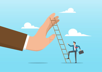 An ambitious businessman about to climb a ladder to overcome a giant hand stopping him
