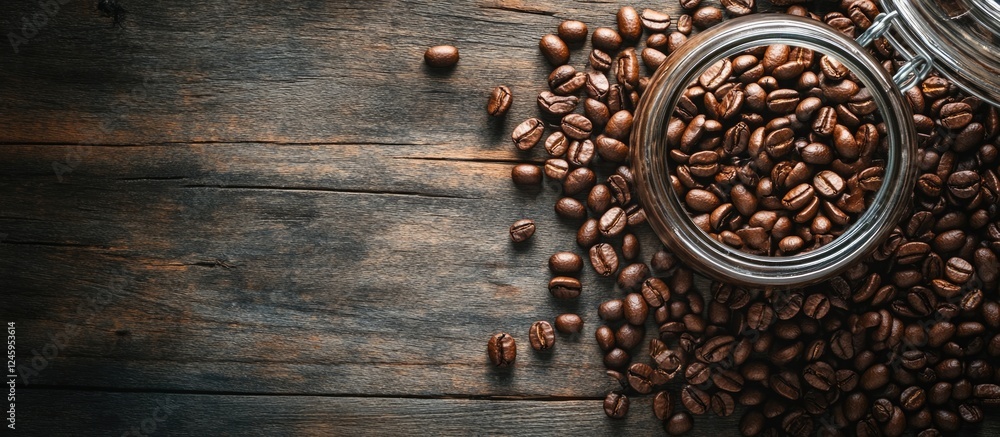 Poster coffee beans scattered around a glass jar on a rustic wooden table high-resolution image with space 