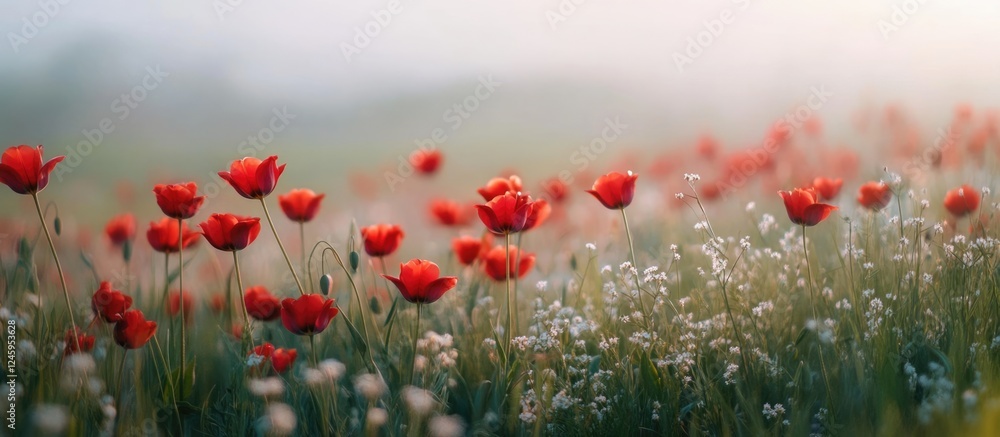 Poster wild tulips in a scenic meadow creating a serene atmosphere with vibrant colors and soft backgrounds