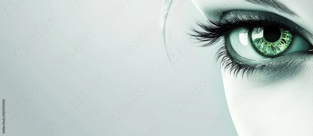 Poster close up of striking green eye on soft gray background with space for custom text or graphic element