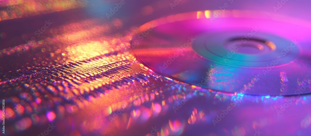 Poster closeup of colorful cd and dvd reflecting light on textured surface creating a vibrant artistic back