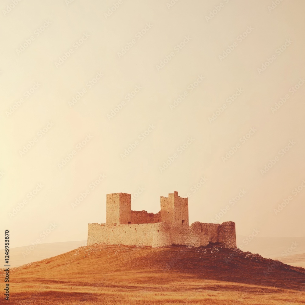 Poster ancient castle perched on a hilltop with minimalist design and serene atmosphere. generative ai