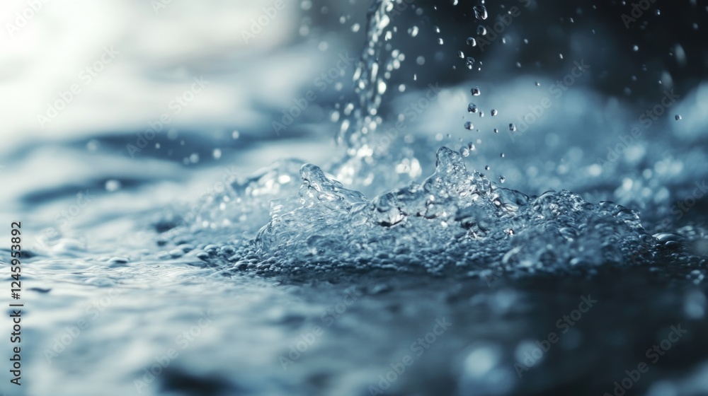 Poster close up of flowing water from faucet creating foam with selective focus and blurred background idea