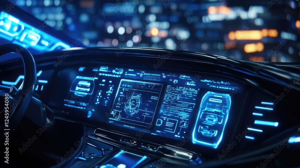 Poster The interface of an autonomous vehicle with 5G signals visible on data screens, reflecting advanced technology and seamless connectivity for the future of transport.