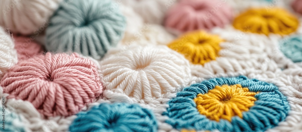Poster close up of colorful crochet stitches on textured fabric with space for copy and design elements for