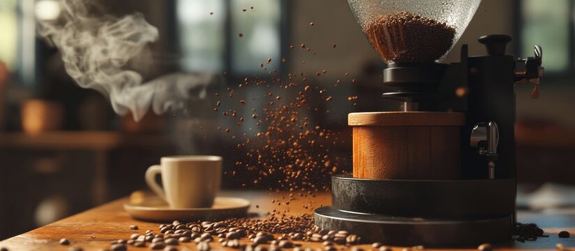 Coffee grinder with hand pouring coffee beans into vintage grinder beside steaming cup on wooden table in cozy warm kitchen setting