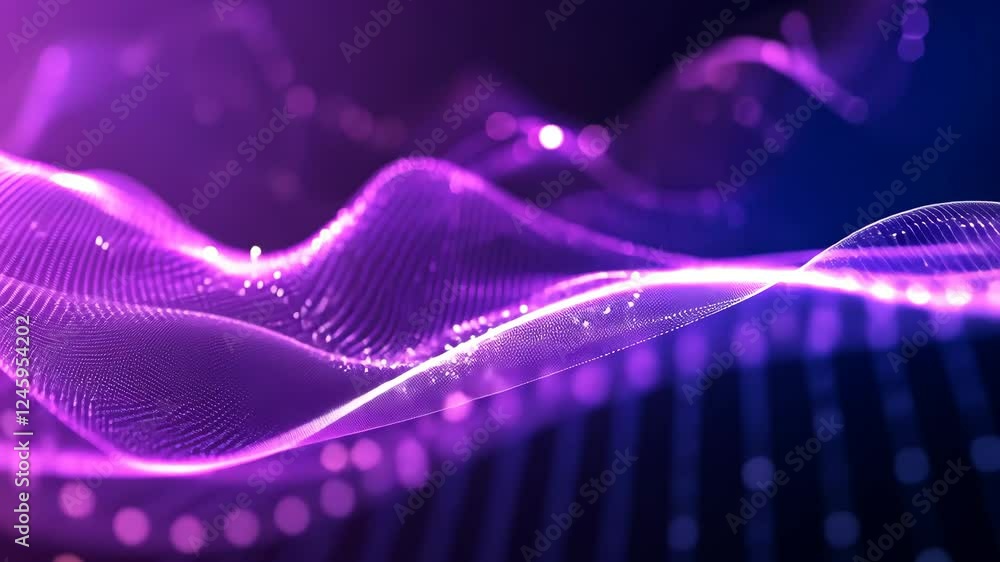 Poster dynamic flow of glowing abstract waves with purple light particles