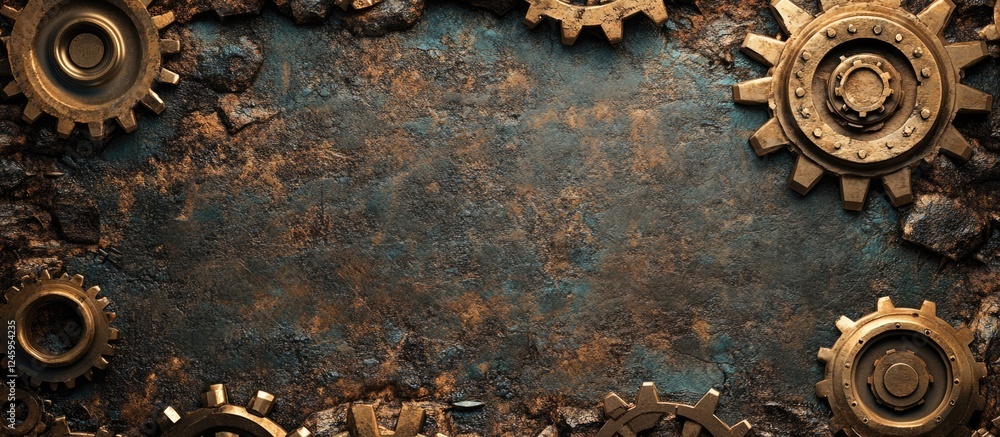 Poster interlocked metallic gears on a textured backdrop symbolizing connection and synergy with space for 
