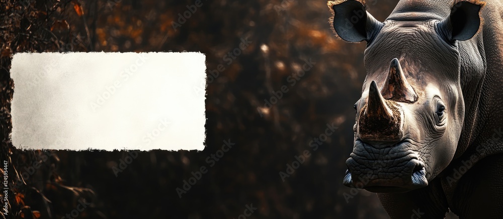 Poster close-up of rhinoceros in a natural setting with a textured blank area for adding custom text or cap