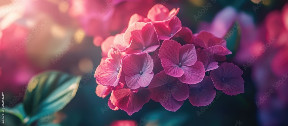 Wall mural Closeup of vibrant pink hydrangea flowers blooming in a lush green garden showcasing delicate petals and natural sunlight.