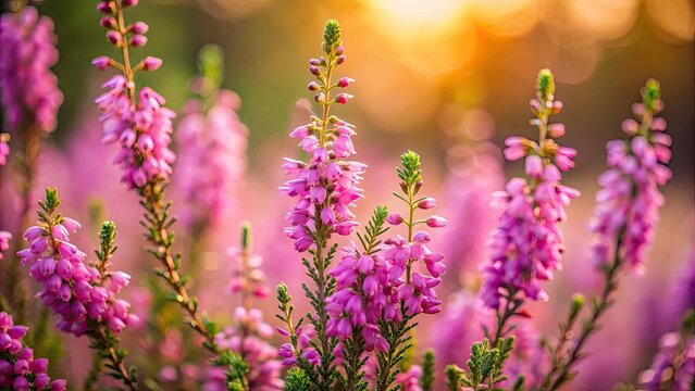 Minimalist purple Erica flowers bloom, showcasing nature's botanical beauty.