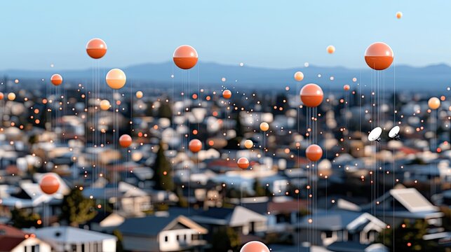 Floating red data spheres symbolize cloud computing upgrades in a sunny suburban neighborhood filled with houses and satellite dishes