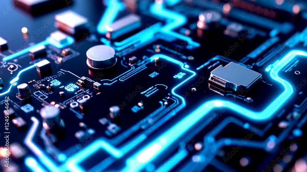 Poster dynamic flow of electric circuit board with vibrant neon glowing traces and components visualization