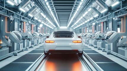 Obraz premium The interior of a car manufacturing assembly line, with cars moving down the conveyor, showing the automation and teamwork involved in modern automotive production.