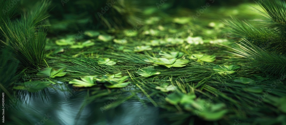 Aufkleber lush green organic texture of grass clippings and lily pads floating on a serene pond surface creati
