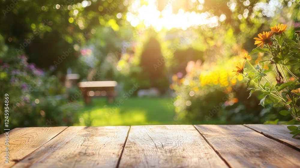 Poster a rustic wooden table stands in the foreground, surrounded by vibrant flowers and greenery. the gold