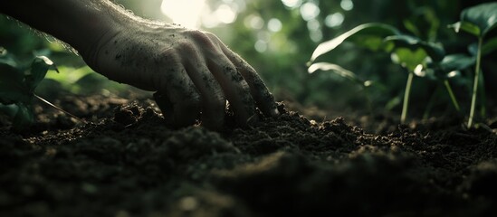 Closeup of a male hand cultivating rich soil in a garden promoting nature and sustainable agriculture practices.