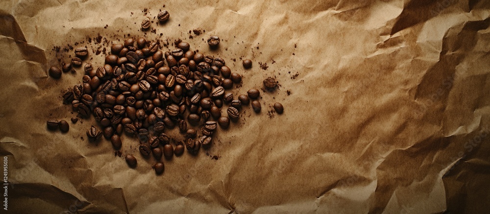 Poster coffee beans scattered on crumpled vintage brown paper creating a rustic background with ample space