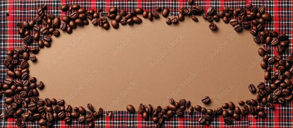 Aufkleber coffee beans on a plaid table setting with a blank canvas for text or branding, ideal for coffee-rel