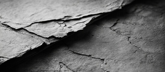 Textured closeup of an open book displaying aged black and white pages with visible gaps and intricate details.