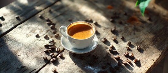 Coffee cup of espresso with scattered beans on rustic wooden table breakfast setting authentic Italian coffee experience