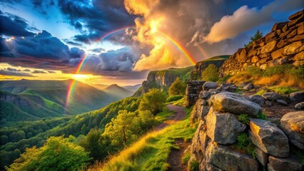 Nature's vibrant rainbow arc graces a dramatic landscape, breathtaking views in magical light.