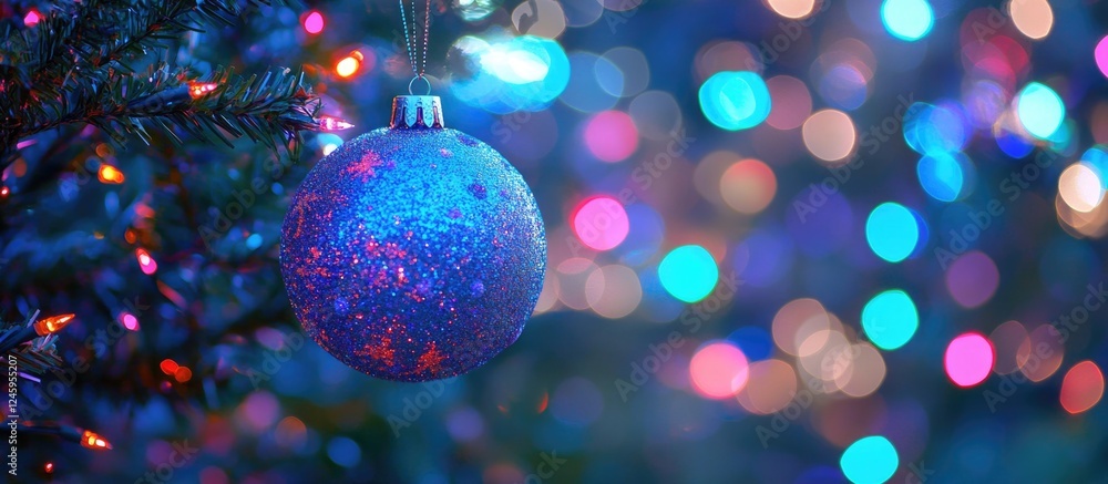 Poster closeup of a sparkling christmas ornament on a festive tree with vibrant bokeh lights creating a mag