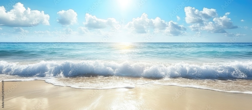 Poster serene close-up of ocean waves with sunlight reflections and ample space for text integration on a b