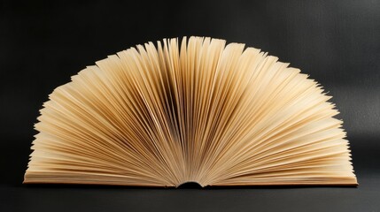 Fanned open antique book displaying textured pages with ample blank space for text or design overlays on a dark background