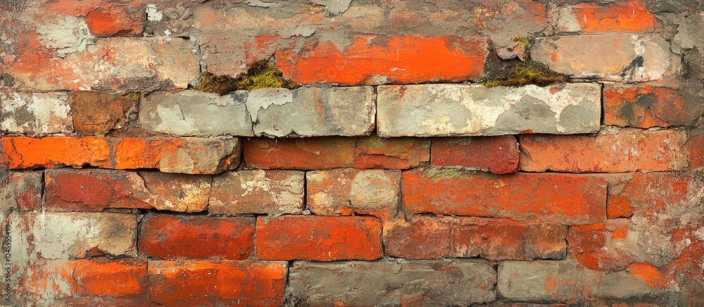 Poster detailed closeup of weathered brick wall showcasing various textures and colors with moss elements i