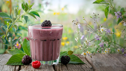 A close-up shot of a glass of blackberry smoothie garnished with fresh blackberries, placed on a table with a soft-focus natural background, evoking freshness and summer vibes. 