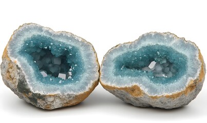 Two blue geode halves on white background, nature, crystals, interior