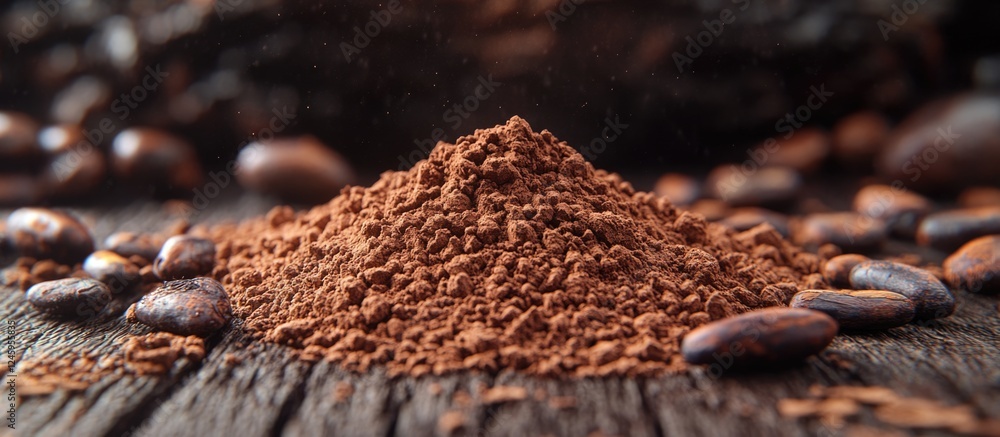 Poster closeup of cocoa powder on rustic wooden background with cocoa beans showcasing rich texture and nat