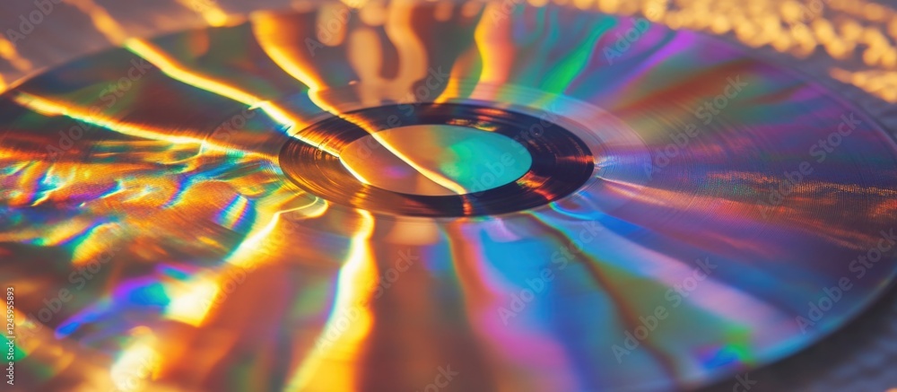 Poster closeup shot of a reflective cd or dvd displaying vibrant rainbow colors and intricate patterns from
