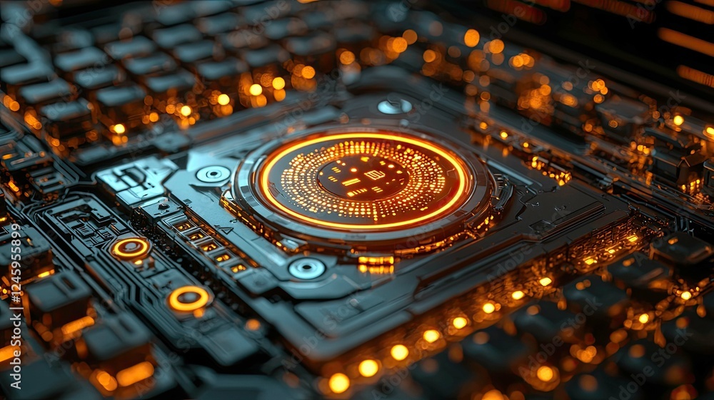 Poster abstract futuristic technology: close-up of a glowing circuit board, showcasing intricate details an