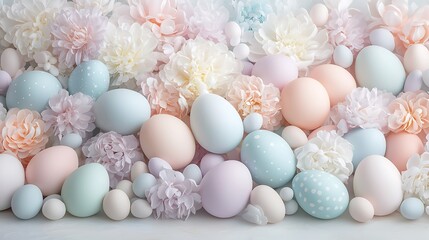 Easter day celebration with pastel tone eggs and flowers spring garden decorative display