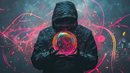 Hooded hacker gripping glowing orb, surrounded by vibrant data particles and luminous light streams revealing digital technology concept