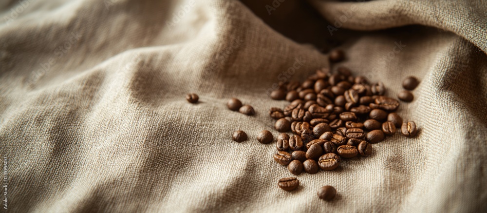 Poster coffee beans scattered on a natural linen fabric creating a warm and inviting texture for food and b