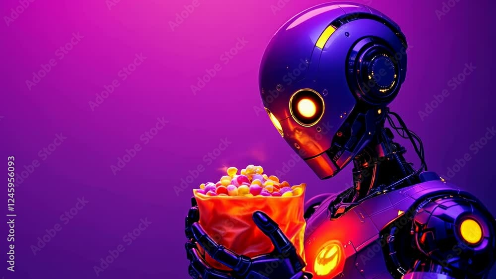 Aufkleber futuristic robot engages with glowing object in vivid neon environment