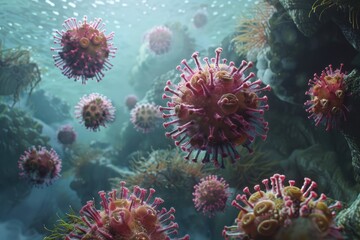 Microorganisms in a digital visualization show intricate structures and dynamic interactions among virus particles in a microscopic environment