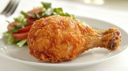 A crispy fried chicken drumstick served on a plate with a side salad of tomatoes and greens.