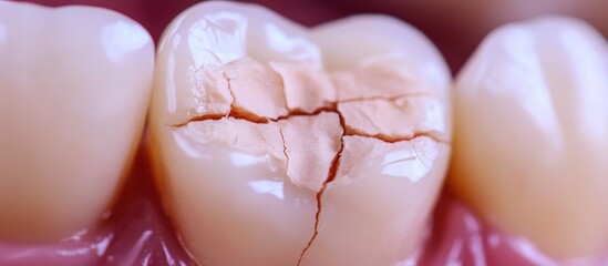 Macro view of cracked teeth highlighting poor dental health and treatment options with space for informative text or captions